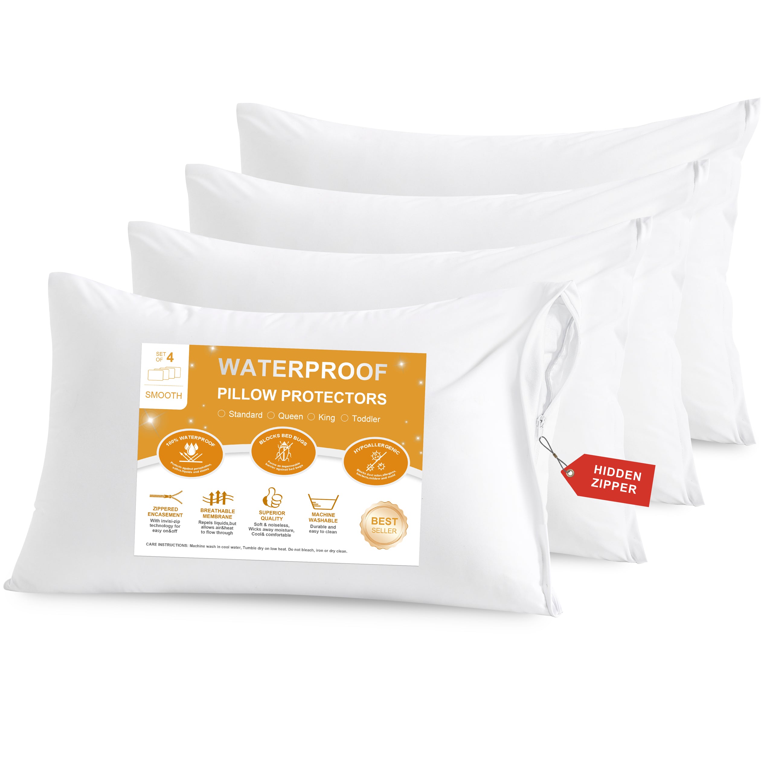 4 Pack Microfiber Waterproof Pillow Protectors