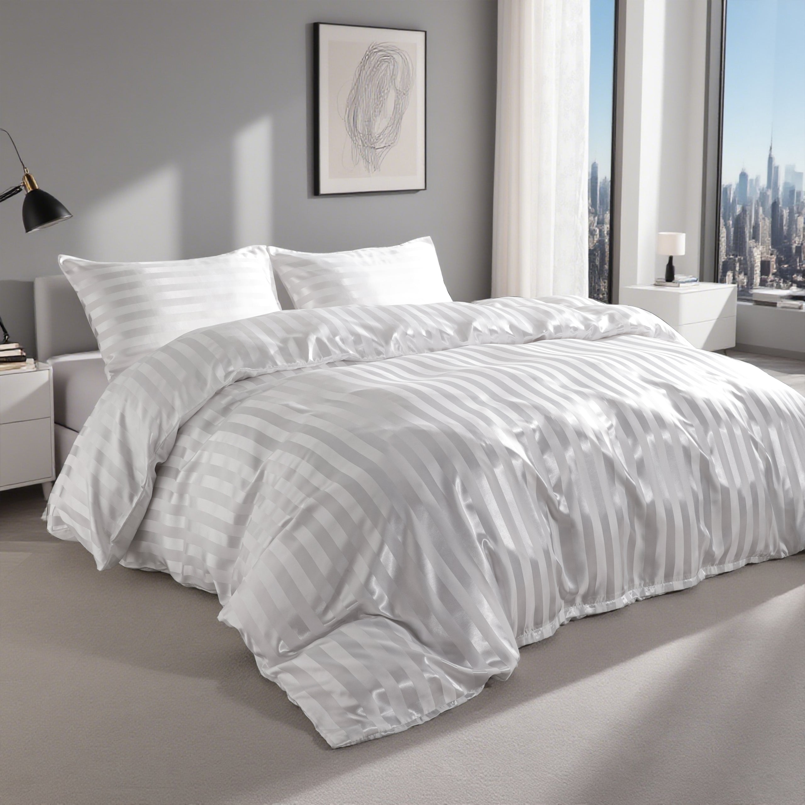 3 Pieces Luxurious Stripe Satin Duvet Cover Set
