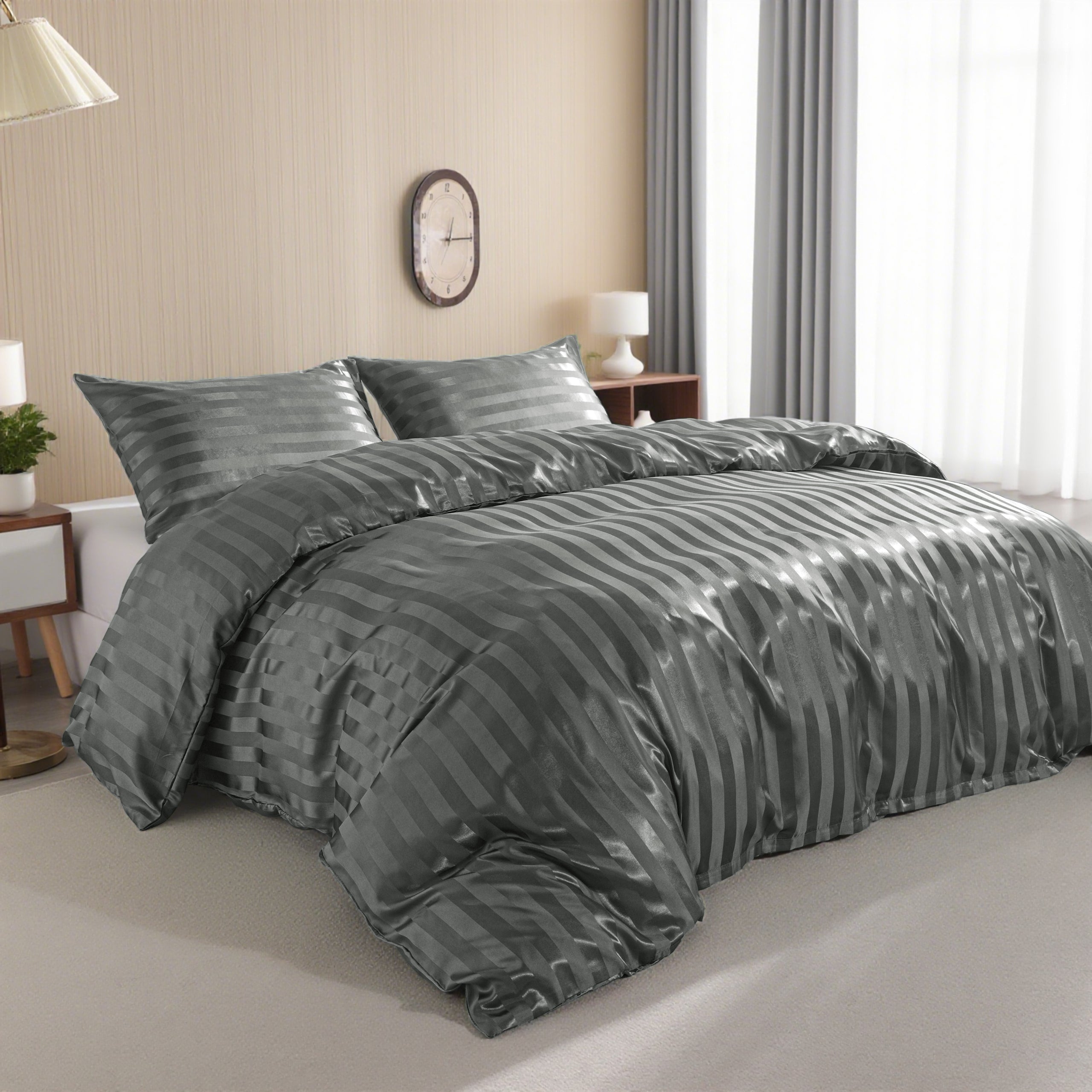 3 Pieces Luxurious Stripe Satin Duvet Cover Set