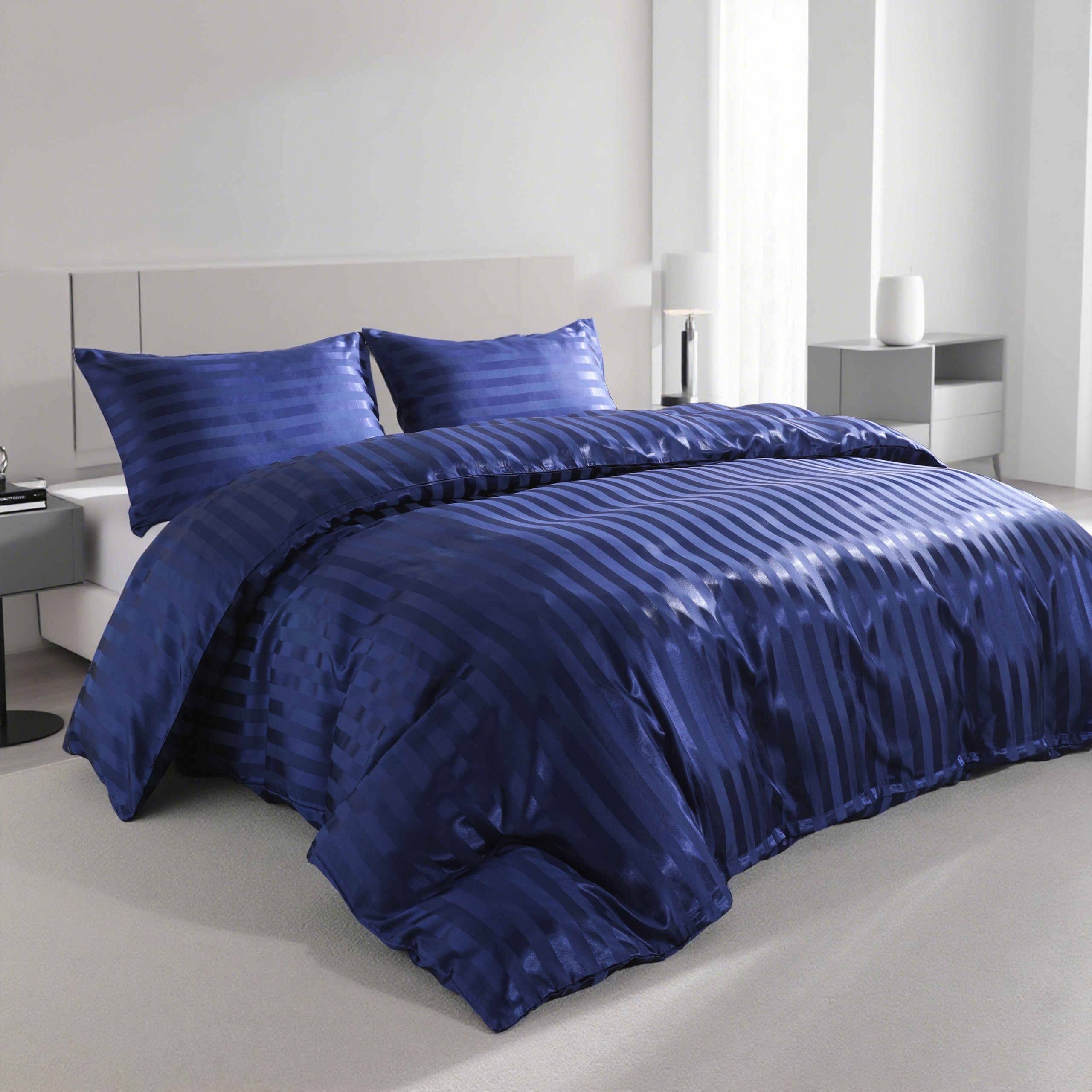 3 Pieces Luxurious Stripe Satin Duvet Cover Set