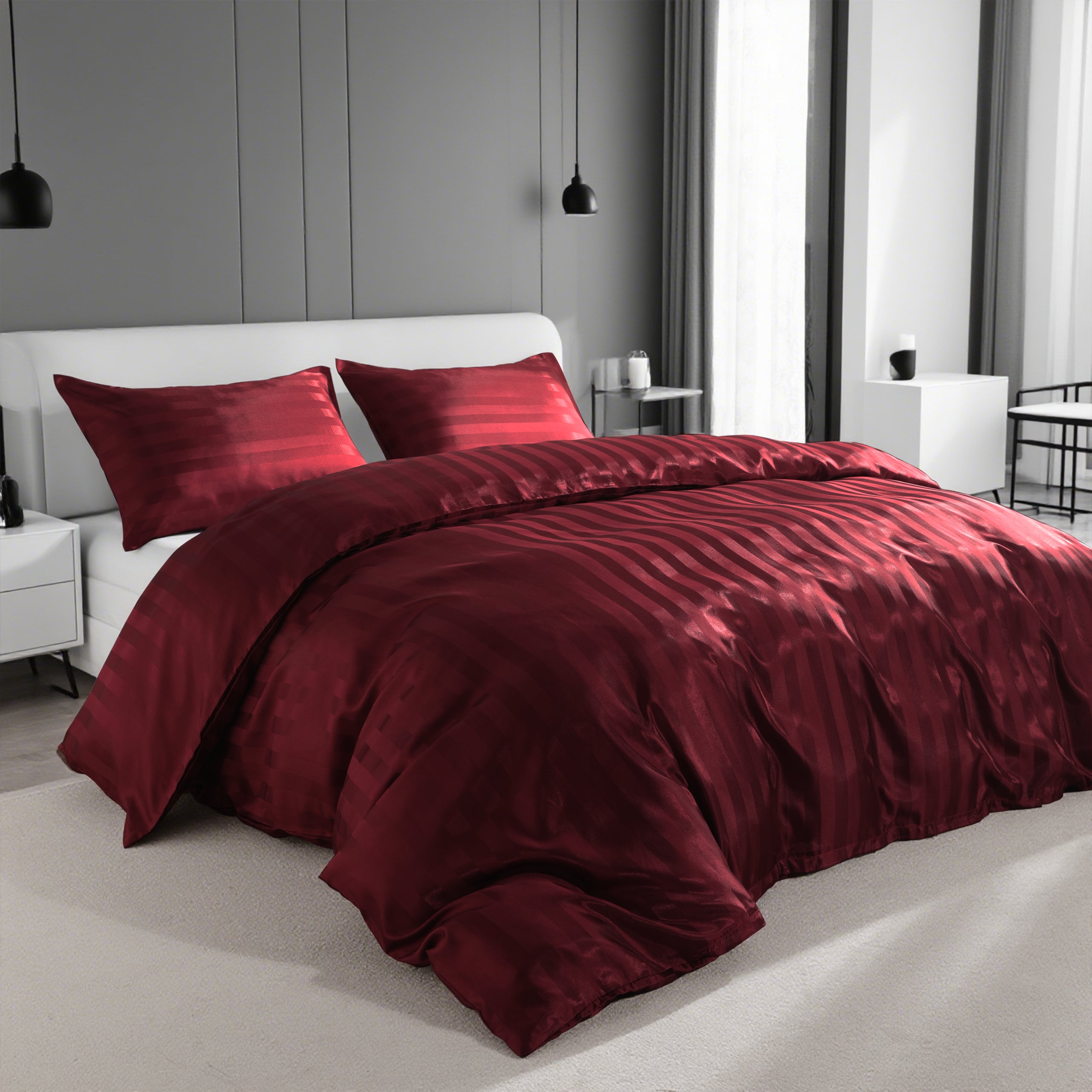 3 Pieces Luxurious Stripe Satin Duvet Cover Set