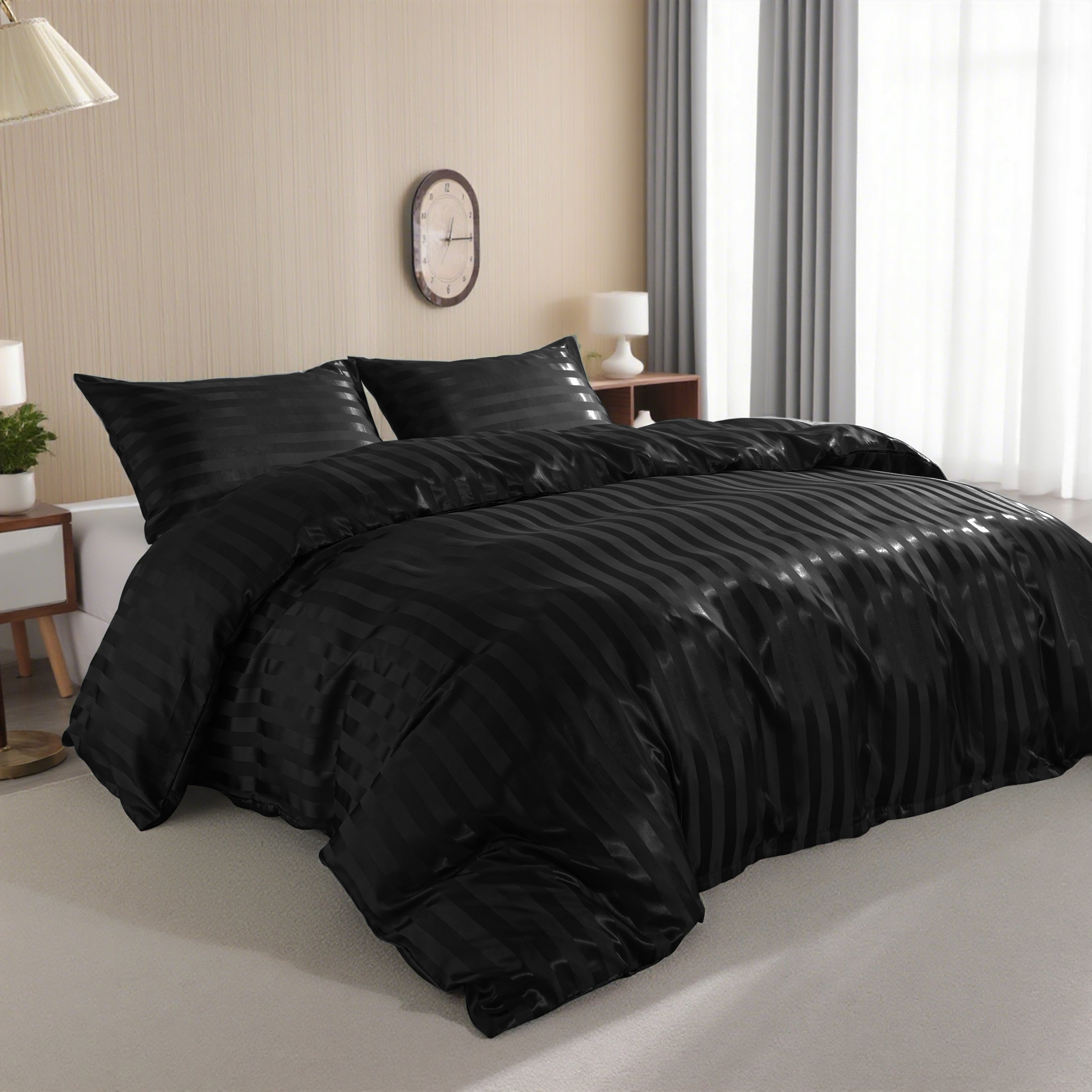 3 Pieces Luxurious Stripe Satin Duvet Cover Set